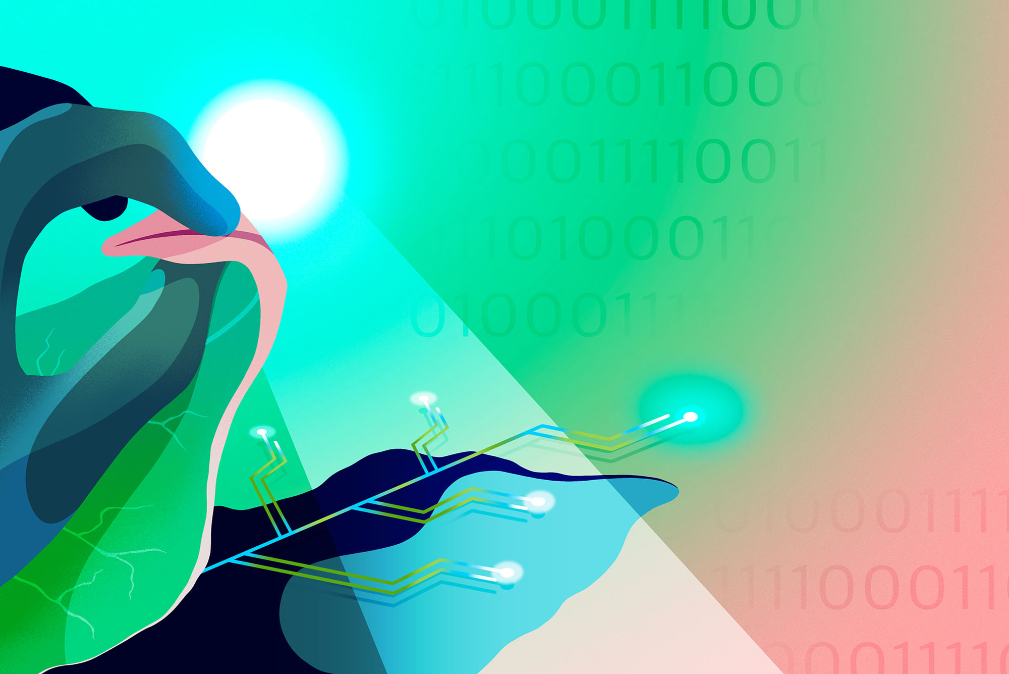 Abstract-like illustration in various shades of blue, green, pink of a hand holding a leaf. A large blue-ish hand on the left lifts a large green and pink eaf to reveal a green computer-like network. Background of image shows faded rows of binary language (zero's and one's).