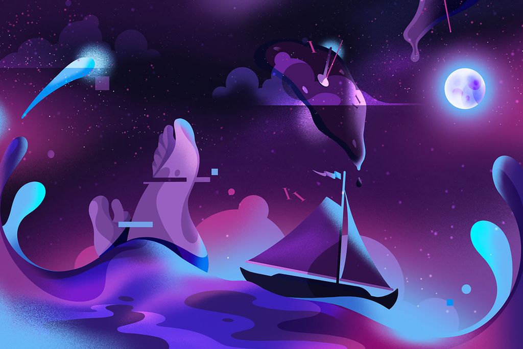 Abstract and dream-like illustration in various shades of dark blues, purples, and pinks shows a bright moon to the right as a sailboat floats atop a soupy sea. Random giant feet are shown next to the sailboat and a melting clock is shown above it.