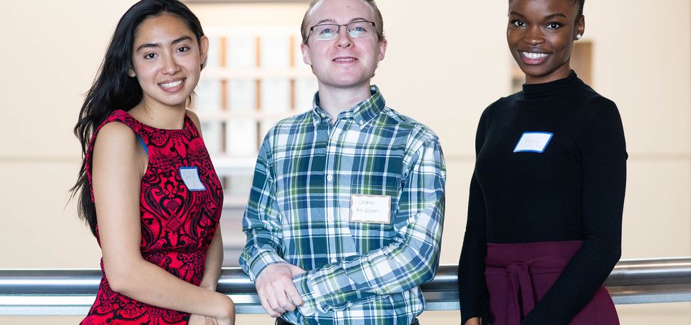 At the April 11 annual Student Employee and Supervisor of the Year awards celebration, Yeelin Bacchus (Sargent’22) (from left) accepted the Undergraduate Student Employee of the Year award; Charles McGinn (ENG’23) received the Undergraduate Outstanding Service award; and Adaeze Okorie (SPH’23) earned the Graduate Student Employee of the Year award. Not pictured is Darius Haghighat (MED’22), who received the Graduate Outstanding Service Award. Photos by Jackie Ricciardi