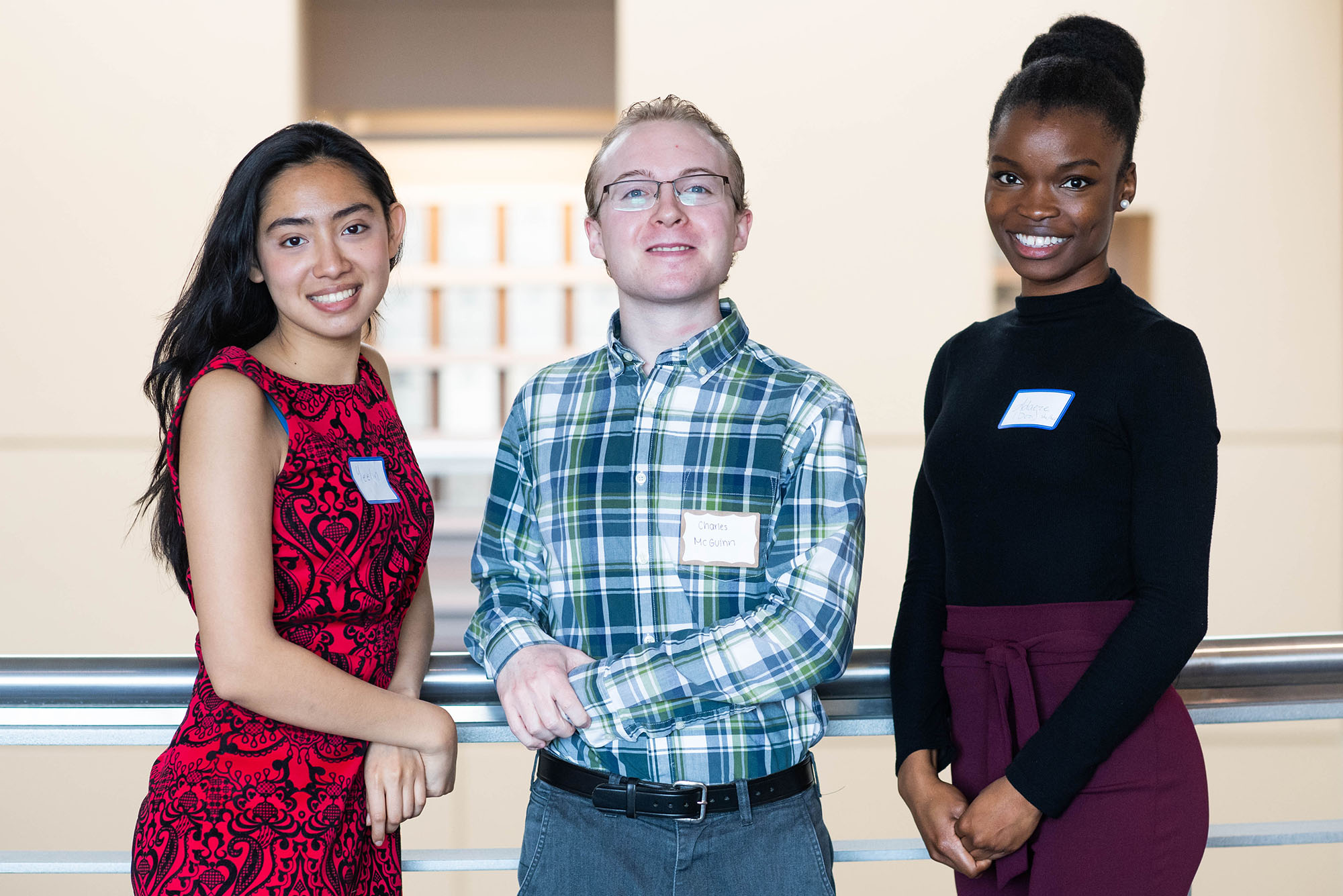 At the April 11 annual Student Employee and Supervisor of the Year awards celebration, Yeelin Bacchus (Sargent’22) (from left) accepted the Undergraduate Student Employee of the Year award; Charles McGinn (ENG’23) received the Undergraduate Outstanding Service award; and Adaeze Okorie (SPH’23) earned the Graduate Student Employee of the Year award. Not pictured is Darius Haghighat (MED’22), who received the Graduate Outstanding Service Award. Photos by Jackie Ricciardi