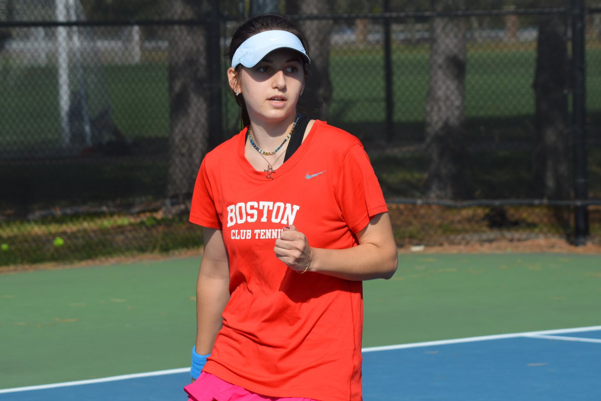 BU Tennis Club secretary Scarlett Blydenburgh (COM’22, CAS’22) during a match. Photo courtesy of BU Tennis Club