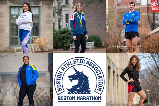 A composite image which features, clockwise from bottom left, Olivia Clachar, Yesenia Arango, Ken Vinacco, Cara Mooney, and Courtney Joly-Lowdermilk. The middle of the image has a Boston Marathon Logo that reads "Boston Athletic Association - Boston Marathon"