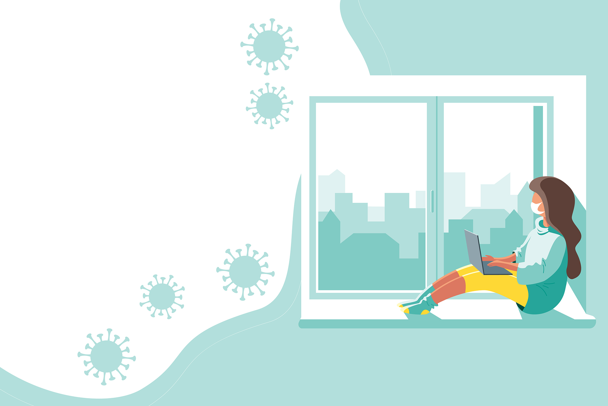 Vector illustration of a younger girl with brown hair in a protective medical mask with a computer at home in quarantine. She looks out at a light blue city landscape while negative space to the left show a few coronavirus illustrations.