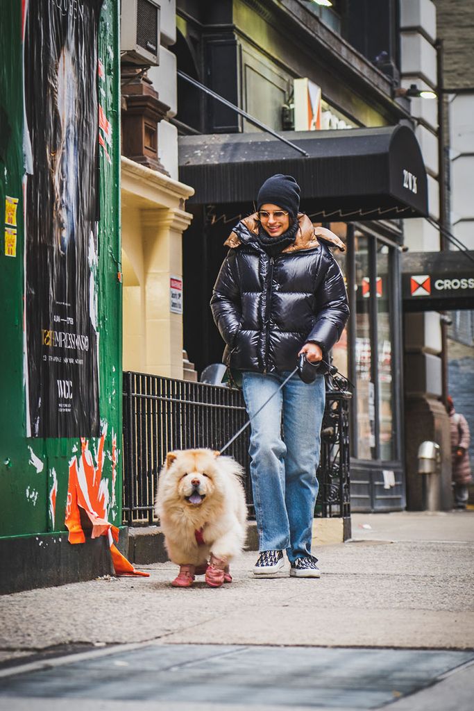 Photo of a person wearing a puffy black coat, clear metal frame glasses, and a black knit cap walks their small, shaggy dog, wearing pink booties, down the NY street.