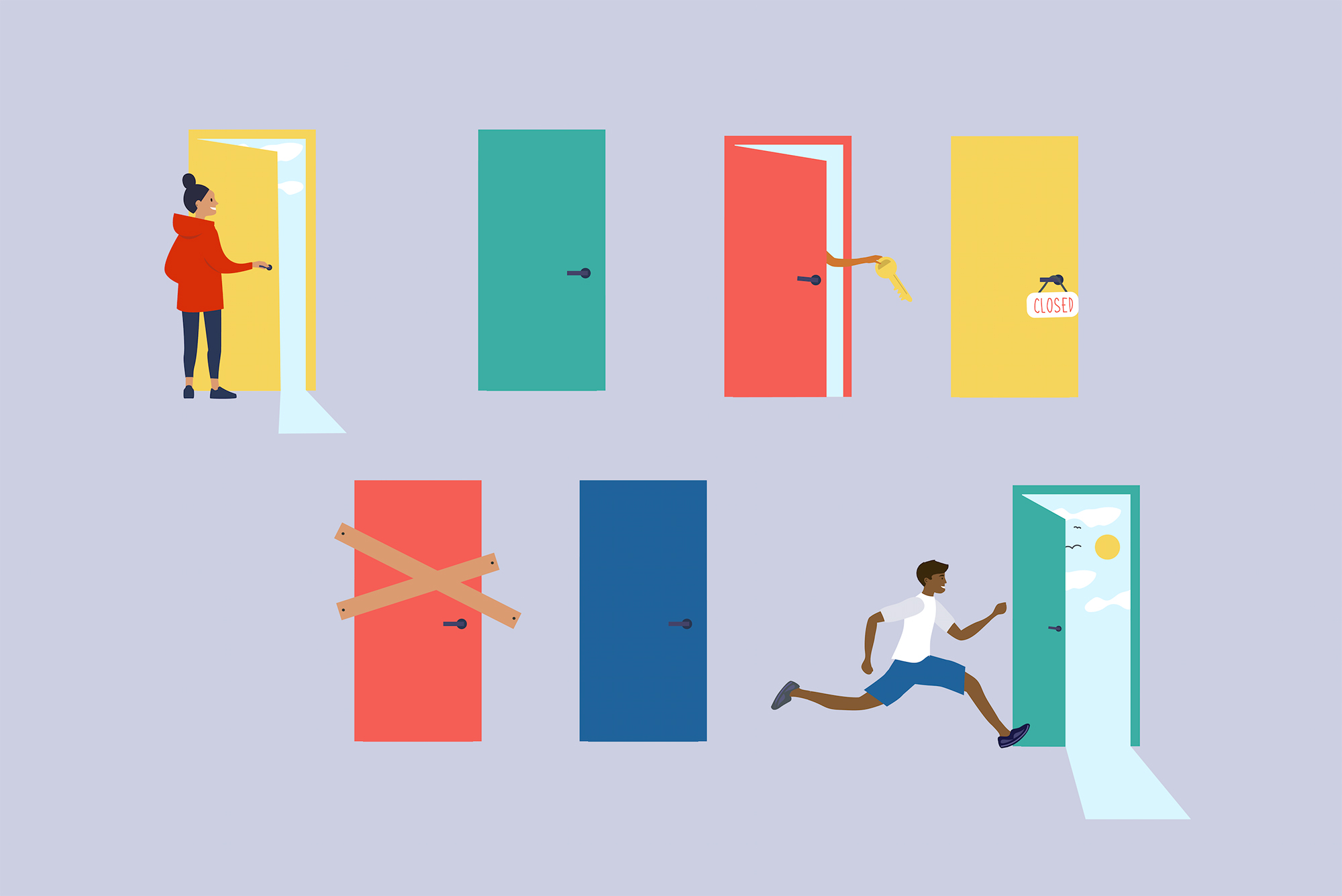 Illustration of students opening doors to find sunshine on the other side. Some doors are closed, one door has an arm sticking out with a key. The illustration has a purple background and the doors are bright pink, blue, yellow and teal.