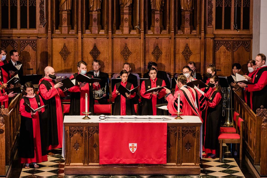 Music at the 2022 Baccalaureate service was performed by the Marsh Chapel choir, conducted by Scott Allen Jarrett (CFA’99,’08) with back to camera.