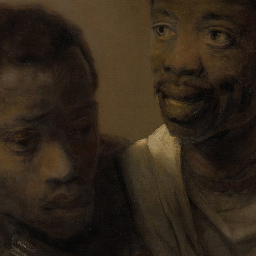 Album cover for billy woods' "Aethiopes". Cover is a painting of a close perspective of two Black men huddled together. One is smiling while the other looks disconcerted. Painting is done in shades of brown and has a somber mod.