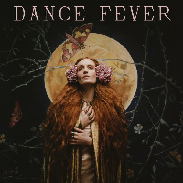 Album cover for Florence and the Machine's "Dance Fever". Cover shows a photo of Florence, a fair-skinned redheaded woman, pressing her hands to her chest as she looks off into the distance. a yellow moon "halos" her head as she stands in front of a black background. Various green vines and faded yellow butterflies are also scattered around her.