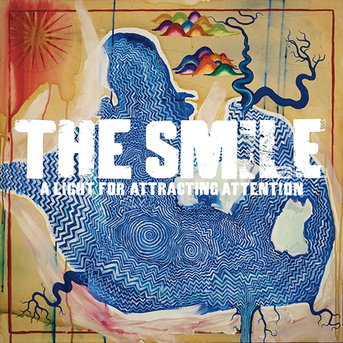 Album cover for The Smile's "Dance Fever". Cover is an abstract image of a large blue blob with small rainbow mountains, a red sun, and abstract roots growing from it.