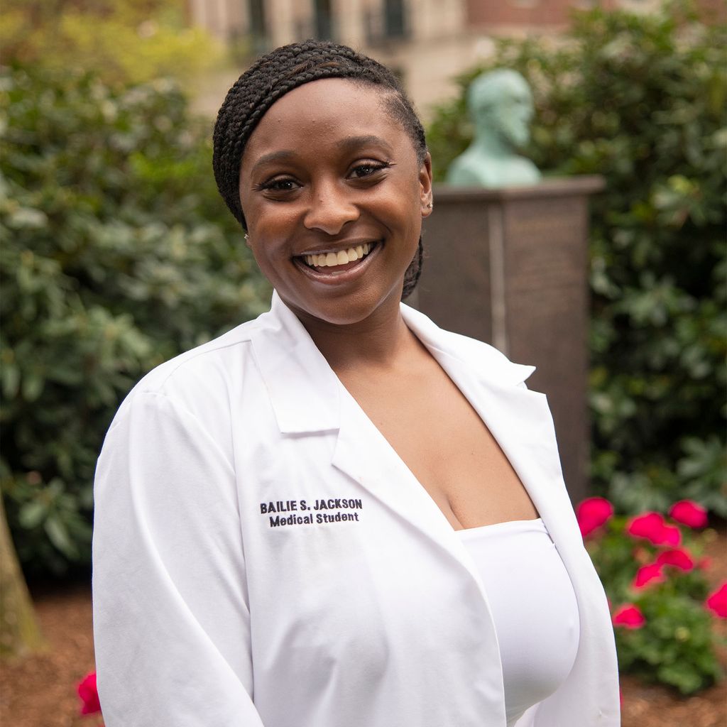 Bailie Jackson (MED’24) wearing her physician’s white coat after Monday’s White Coat Ceremony.