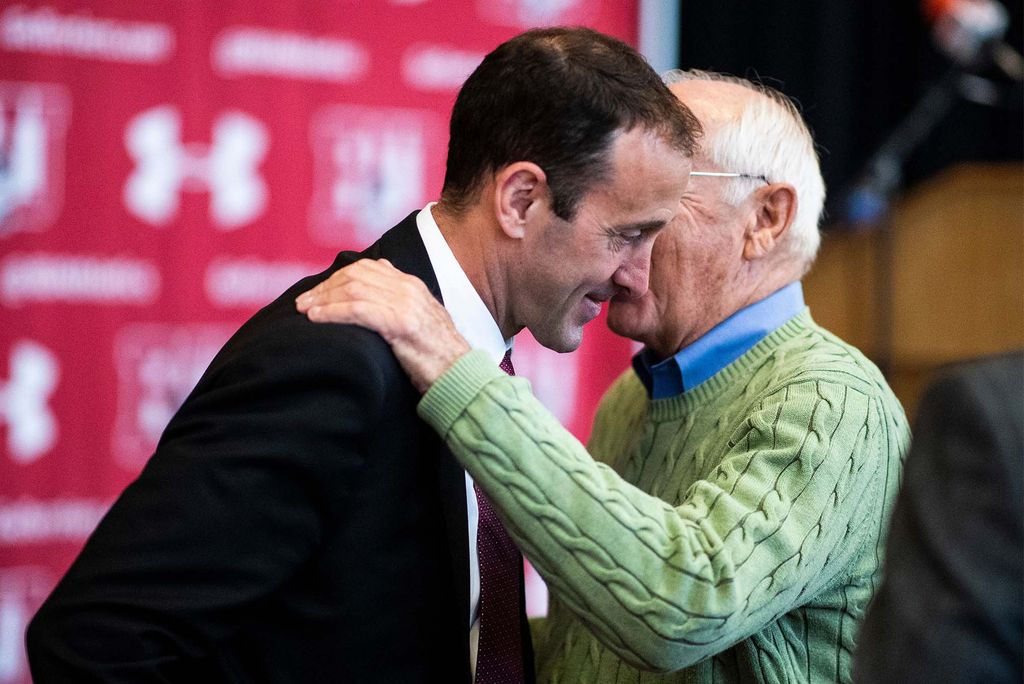 Jay Pandolfo (left) Jack Parker (), who coached him when he was a four-year Terrier, a national champion in 1995, and a captain of the 1995-996 team.