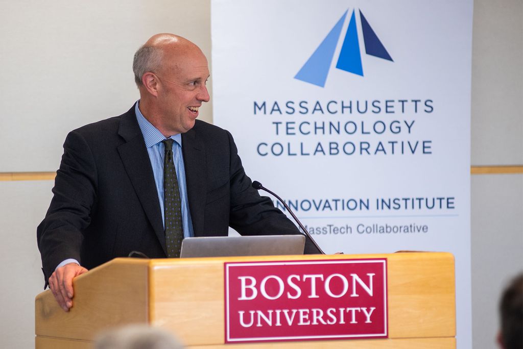 Secretary Mike Kennealy, EOHED at the May 4 press conference at Phototonics announcing ENG getting $4.4 million from Massachusetts High Technology Council to build a new robotics lab, BU RASTIC, to complement ENG's master's program in robotics and autonomous systems. Photo by Cydney Scott for Boston University Photography