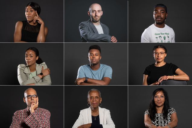 Collage: Composite image showing studio portraits of various Boston University faculty, staff, and students in three rows of three. From left to right, top to bottom, portraits show: Kaye-Alese Green, Jonathan Feingold, Nana Boateng, Saida Grundy, Amos Mwaura, Imara Joroff, Andre De Quadros, Andrea Taylor, and Amanda Bailey.