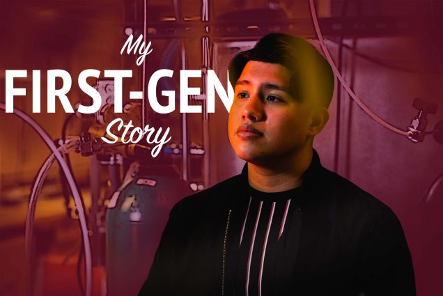 Photo of Hector Grande posing for a photo at EPIC. He wears a black, red, and white shirt and black jacket as he gazes to the left amidst mechanical equipment. Photo background has is stylized with a burgundy filter and text on screen reads "My First-Gen Story"