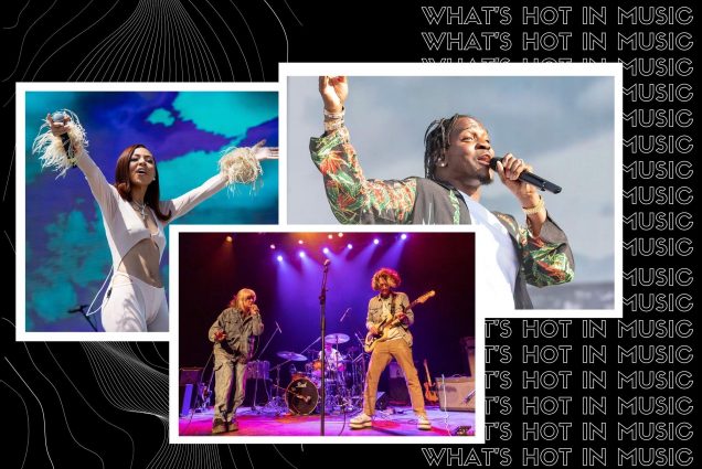 Image: collage of artists releasing music in march 2022. Black background with outline-font white lines features photos of Mariah the Scientist, Wet Leg, and Pusha T. Mariah the Scientist is shown performing at Coachella on polaroid-style borders. Wet Leg is shown on stage at the Pabst Theatre as they play guitars on a purple-lit stage on polaroid-style borders. Pusha T shown performing in concert. He holds a microphone to his mouth and one arms is raised as he faces the crowd within polaroid-style borders. Text on right behind image reads "What's Hot in Music" in a repeating pattern