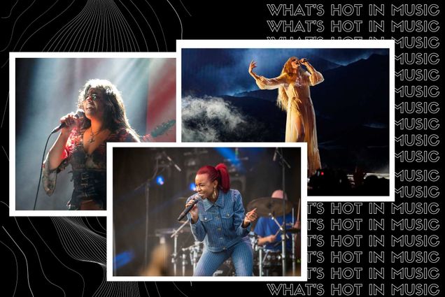 Image: collage of artists hosting concerts in Boston in june 2022. Black background with outline-font white lines features photos of Girl Ultra, Ravyn Lenae, and Florence and the Machine. All three are shown singing in concert, with bright and ethereal colors shown on them as they sing to a crowd. Photos are shown within polaroid-style borders. Text on right behind image reads "What's Hot in Music" in a repeating pattern
