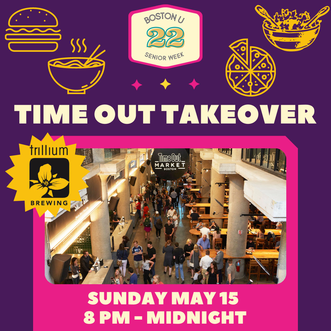 Image: Poster for the BU Time Out Takeover. Purple poster shows photo of the interior of the Market, yellow food icons, and details for the event.