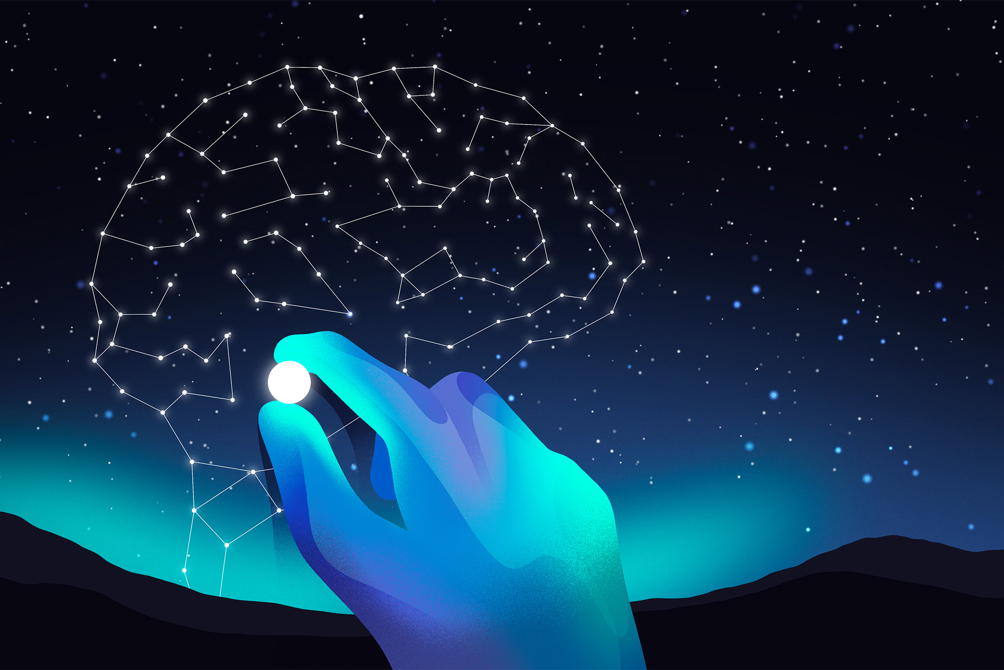 an illustration that shows a blue hand holding a glowing orb in the sky, with a brain comprised of stars in the background