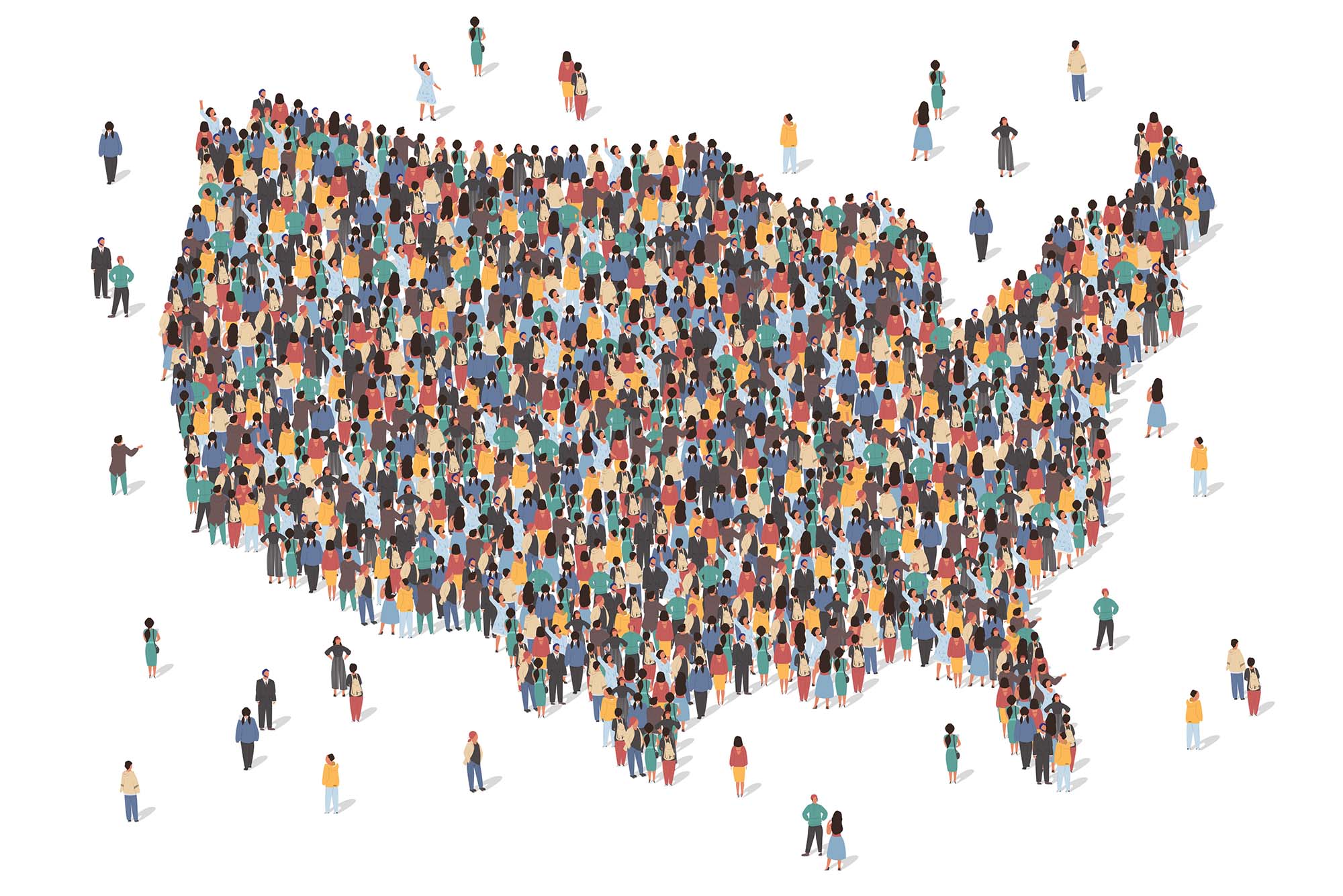 Image: Vector isometric illustration of the USA map made up of many people in a large crowd shape. People are made up of various colors and a few stragglers are seen outside the shape here and there.