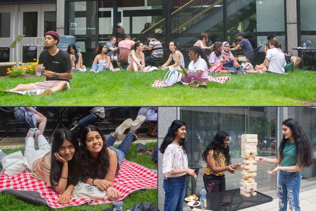 Composite image, three photos of students at BU's Juneteenth celebration. At top, a wide photo of students sitting in the GSU courtyard on picnic blankets and talking to one another. At bottom, left: Sabah Choudhury (CAS’24), at left, and Ekta Karkala (CAS’24) lay on a red and white checkered picnic blanket and smile for the camera. Both are young women of color with long dark hair. At bottom right,