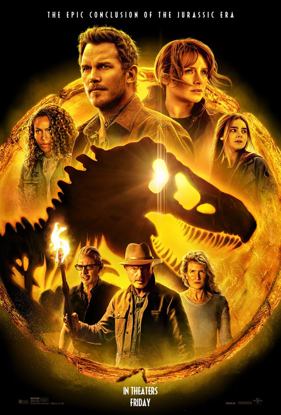 The poster for Jurassic World Dominion featuring Chris Pratt, Laura Dern, Jeff Goldblum, and Sam Neil