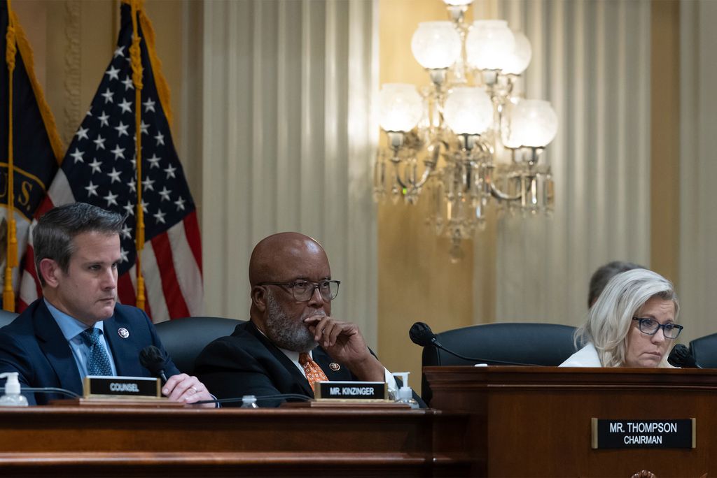 Committee members, left to right, Adam Kinzinger (R-Ill.) Chair Benni Thompson (D-Miss.), and Vice Chair Liz Cheney (R-Wyo.) listen to testimony during a recent hearing. Photo by Cheriss May/Sipa USA via AP Images