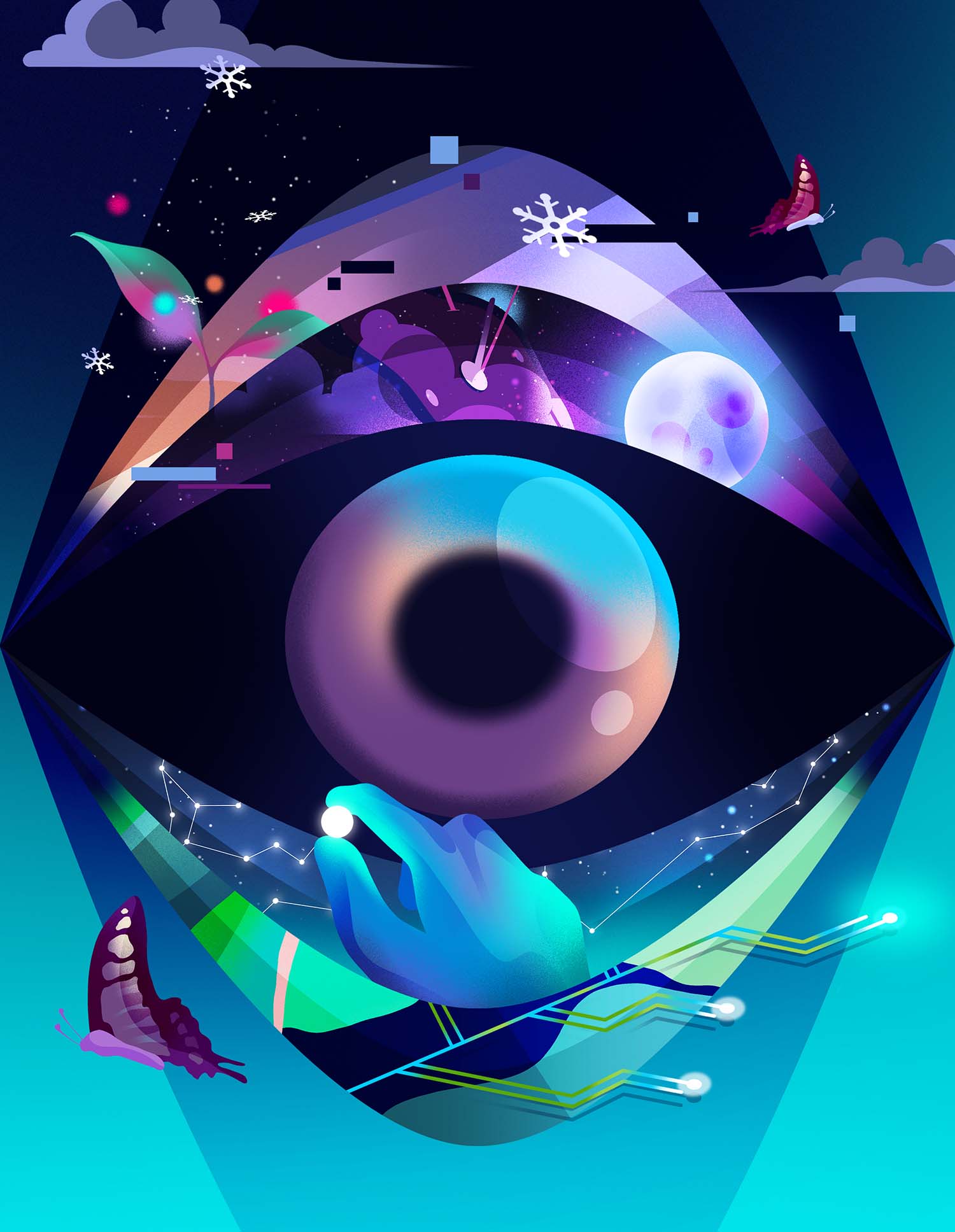 A sci-fi looking illustration in deep blue, purple and green colors. It features what looks like an eye at center, with butterflies bottom left and top right, and a hand holding a bright orb. A moon, circuit board, and clouds are also seen.