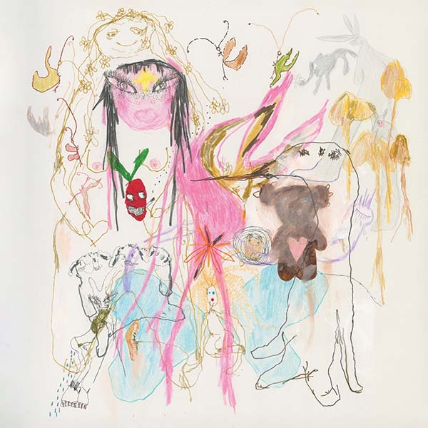 beabadoobee album cover for Beatopia. The cover features a series of pencil and watercolor images, they are either abstract or meant to look as if a child drew them. They feature a teddy bear and naked woman with a pink body, and other lengthy figures.