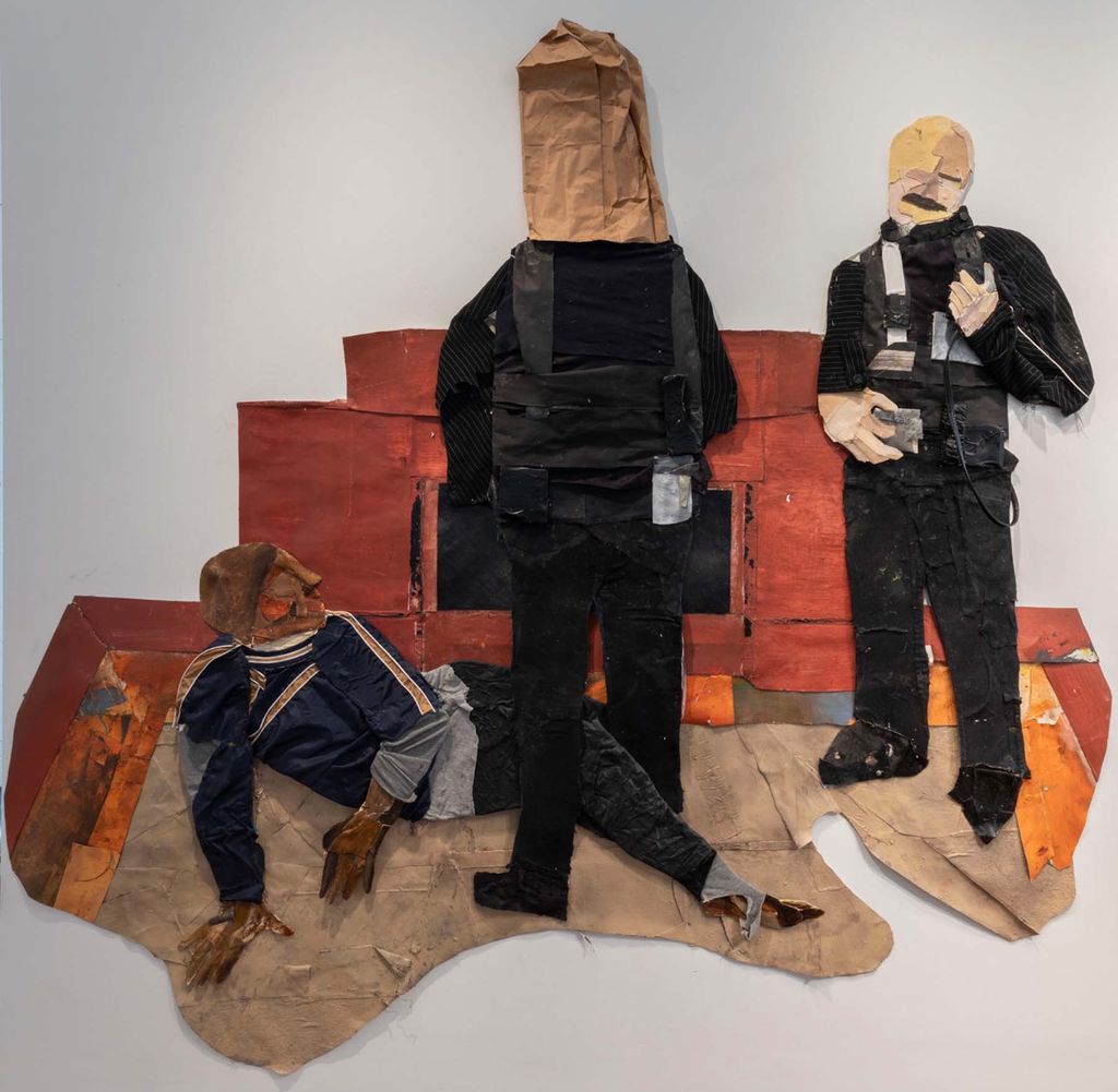 Collage depicting a troubling encounter a Black man has with two police offers. One officer has a brown a paper bag over his head. The other's face is largely indistinguishable, by a mustache can be seen. The Black man is laying, or has been taken to the ground, one of his legs is through the legs of the police officer standing over him with a bag on his head. The ground appears to be a city sidewalk near a building vent. The collage is made from both paper and fabric and is not defined by a particular canvas; the image outline is created by the collage itself.