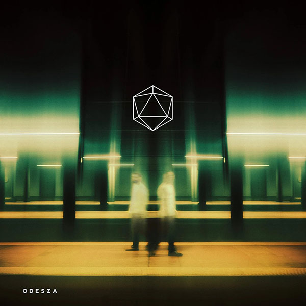 Album cover for Odesza. It wears an over exposed, mirrored photo of people walking different directions on what looks like a train platform. Above them, a geometric drawing of what looks like a twenty-sided die.