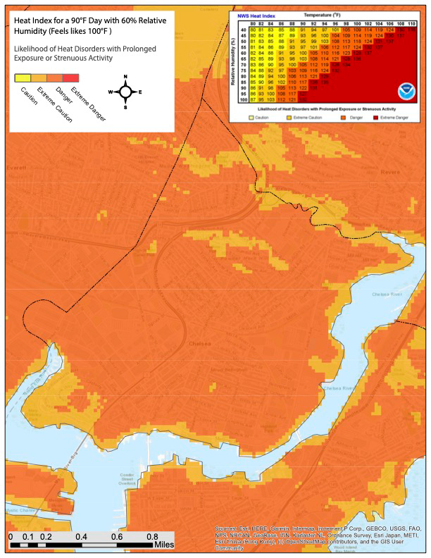 Image:  Map of Massachusetts zoomed in on the Chelsea location that shows the Heat Index for a 90°F Day with 60% Relative Humidity (Feels likes 100°F ). Map is colored in yellow, yellow orange, orange, and red where the colors indicate the likelihood of Heat Disorders with Prolonged Exposure or Strenuous Activity. Chelsea is largely colored orange with yellow orange borders.