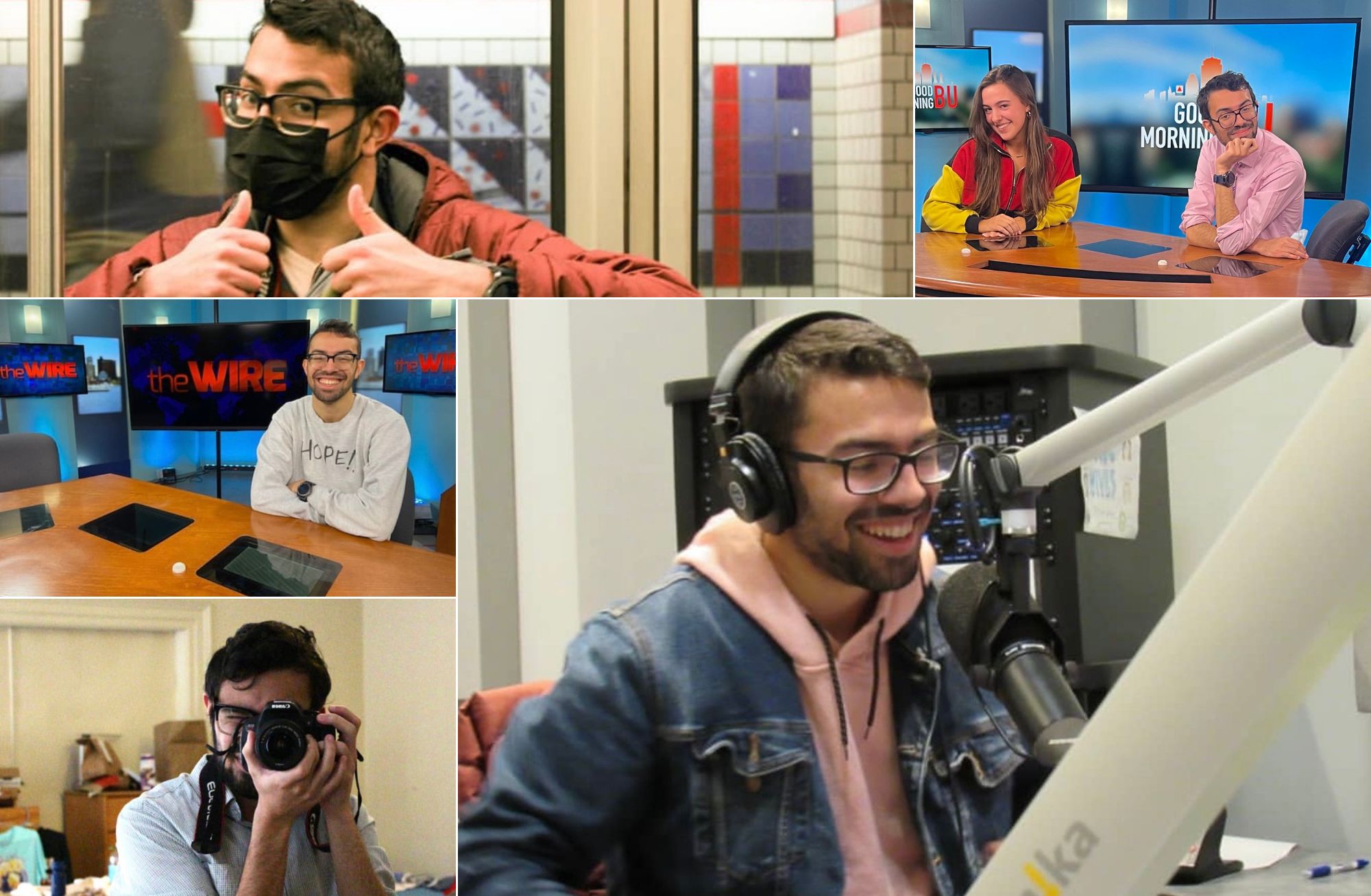 A photo collage of Evan Jimenez (COM’23)'s various experiences at Boston University.