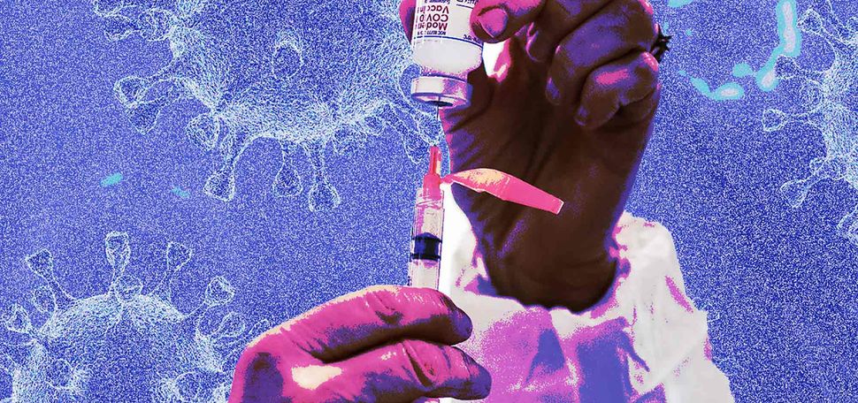 Illustration of a woman’s hands extracting a covid-19 vaccination from a vile. The image is overexposed and colored with purple and pink. The background looks staticky and features illustrations of the coronavirus.