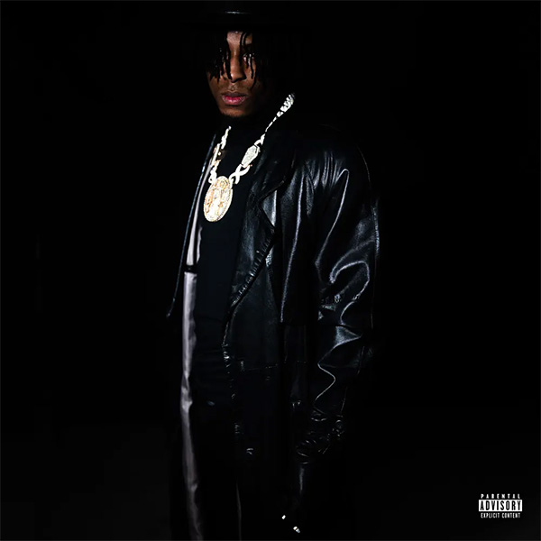 The cover of The Last Slimeto by NBA Youngboy, featuring a black background and a photo of Youngboy in all black leather with a gold chain