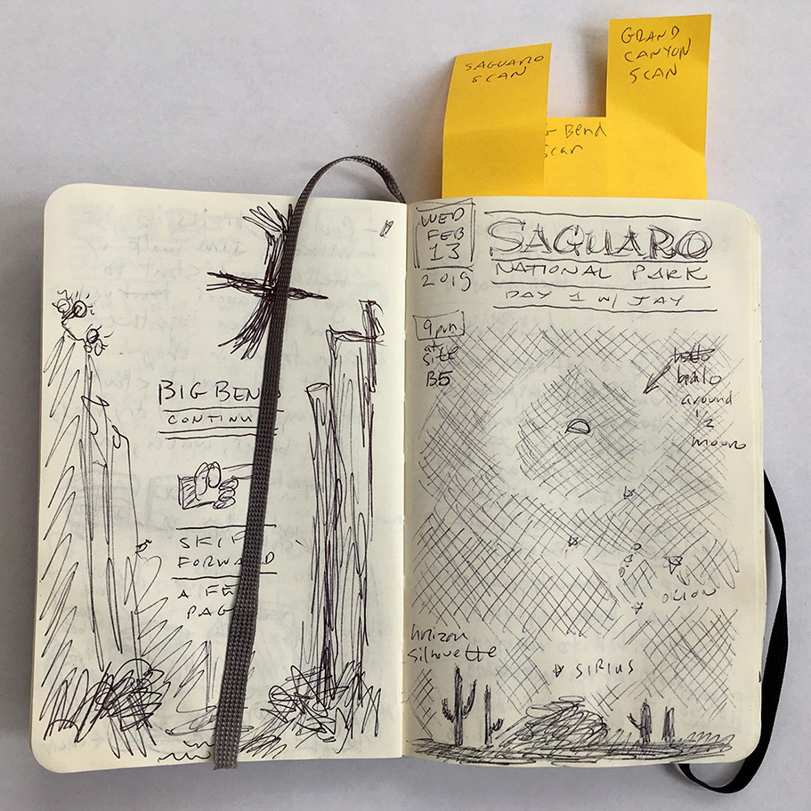 Image: Photo of an open moleskine notebook. Pages feature very rough sketches and notes for a desert illustration.