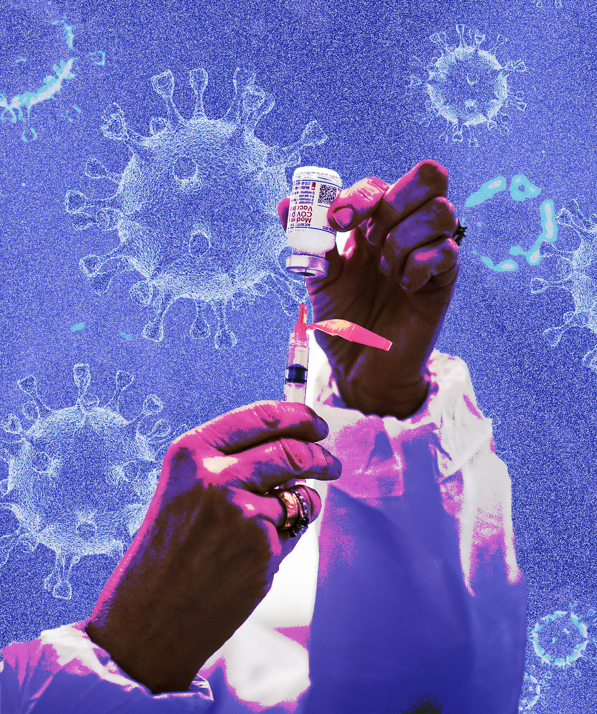 Illustration of a woman’s hands extracting a covid-19 vaccination from a vile. The image is overexposed and colored with purple and pink. The background looks staticky and features illustrations of the coronavirus.