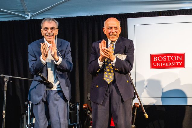 Edward Avedisian (left) and Aram V. Chobanian at the celebration announcing the Aram V. Chobanian & Edward Avedisian School of Medicine on September 29, 2022. Photo by Dave Green