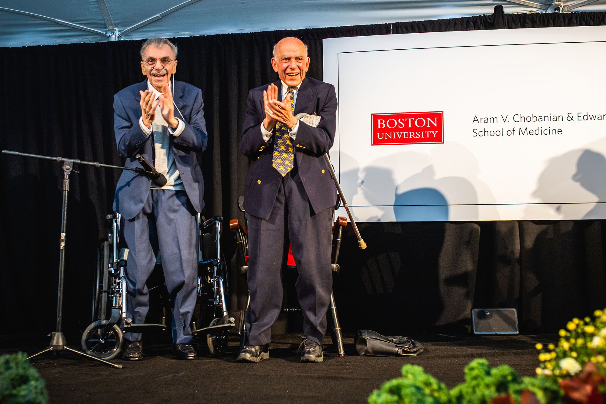 Edward Avedisian (left) and Aram V. Chobanian at the celebration announcing the Aram V. Chobanian & Edward Avedisian School of Medicine on September 29, 2022. Photo by Dave Green