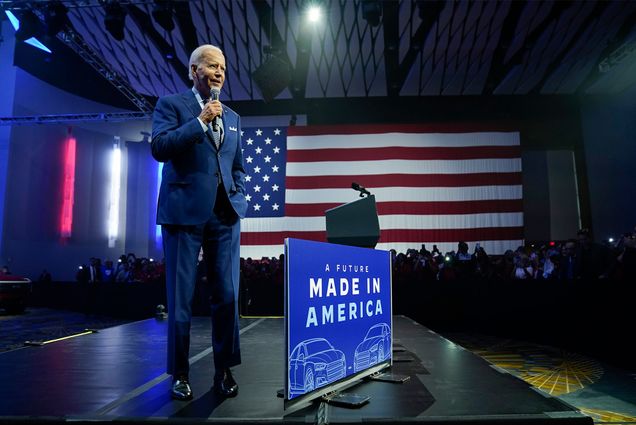 President Joe Biden speaks during a visit to the Detroit Auto Show, Wednesday, Sept. 14, 2022, in Detroit. (AP Photo/Evan Vucci)