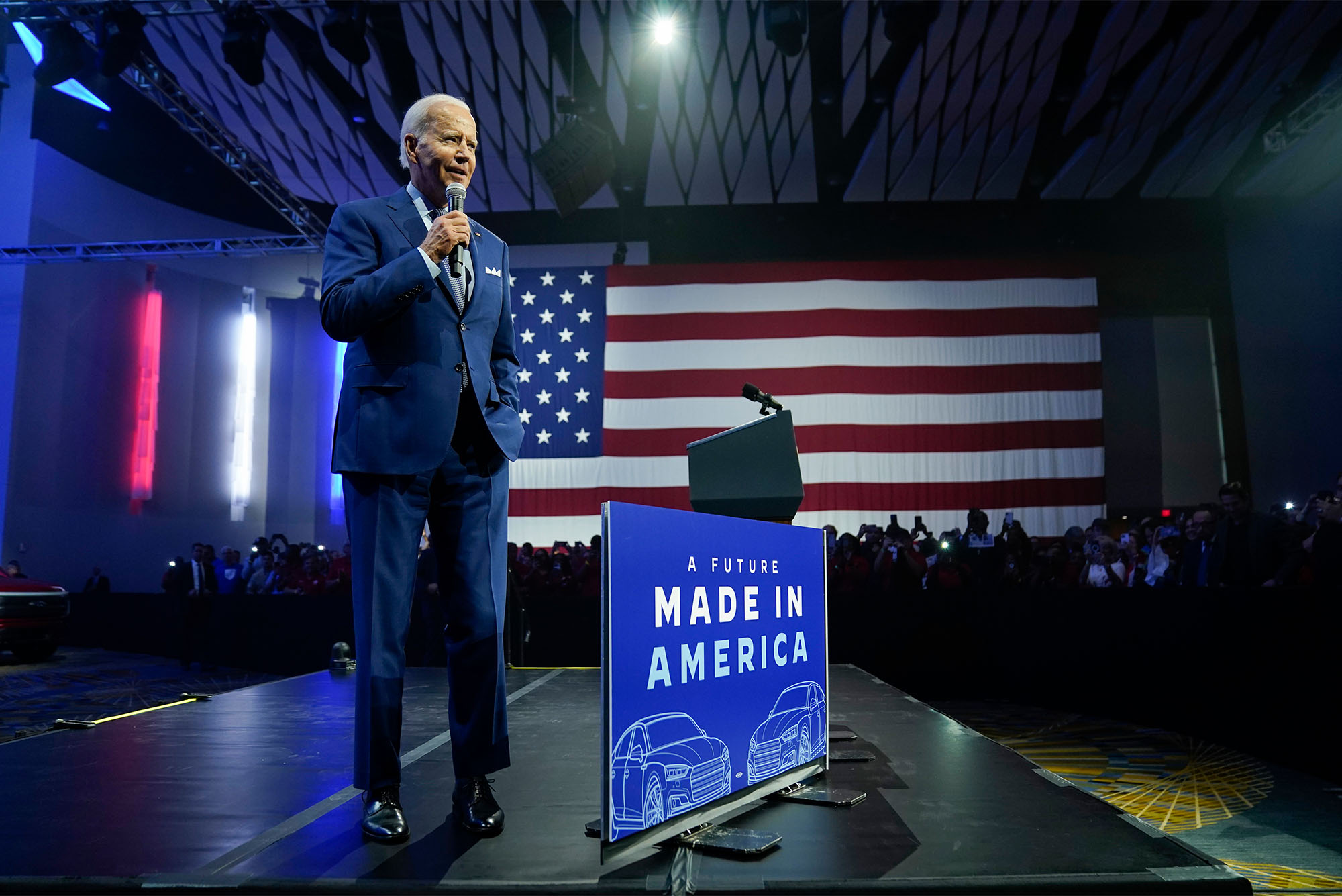 President Joe Biden speaks during a visit to the Detroit Auto Show, Wednesday, Sept. 14, 2022, in Detroit. (AP Photo/Evan Vucci)