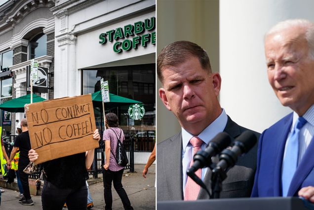 Photo collage: (left) Starbucks workers protest and hold signs about unionizing outside the Starbucks on Comm Ave. (right) Marty Walsh listens on as President Biden speaks at a podium.