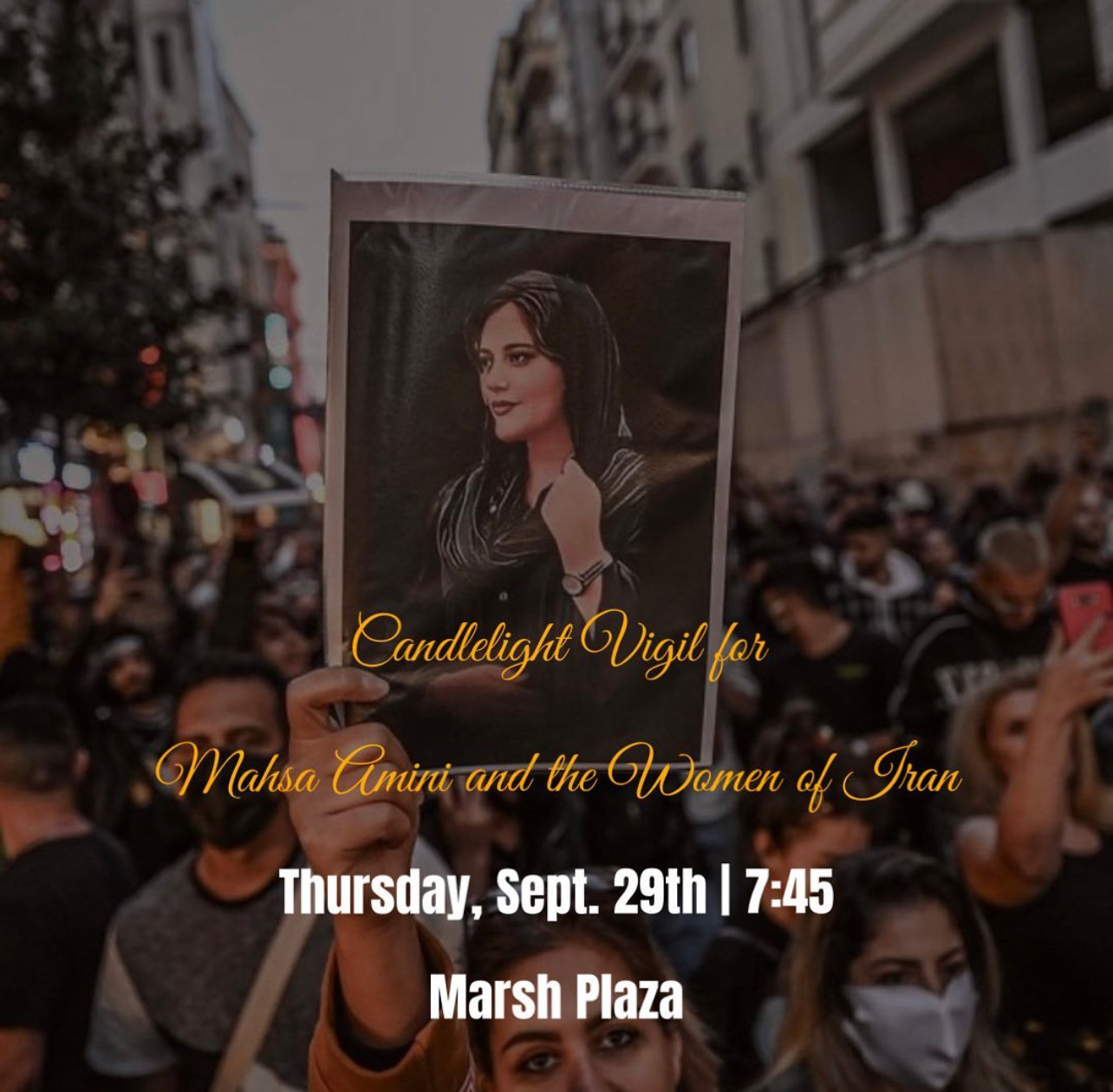 Image: Poster advertising the September 29th candlelight vigil on BU's Campus for Mahsa Amini. Image reads "Candlelight vigil for Mahsa Amini and the women of Iran. Thurs, Sept. 29th at 7:45 pm on Marsh Plaza"