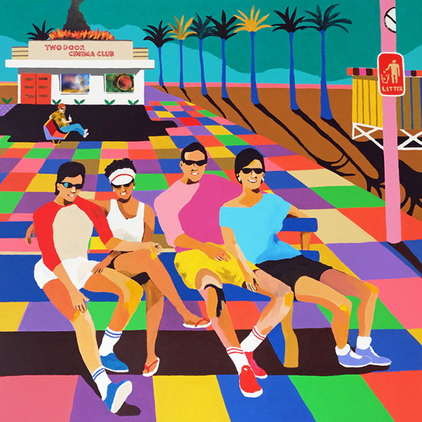 Album cover shows a rainbow-colored, vector image of 4 people sitting on colorful tiles near a beach. Palm trees are shown in the background. Sign on food shack in the back reads "Two Door cinema club"