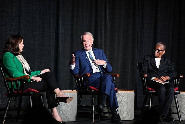 US Senator Ed Markey (Hon.’04) (D-Mass.) at the symposium Sustainability, Health Equity, and Antiracism in the 21st Century, presented by BU’s Center for Antiracist Research, with Katharine Lusk (left), BU Initiative on Cities codirector, and Thea James, a BU Aram V. Chobanian & Edward Avedisian School of Medicine associate professor of emergency medicine.