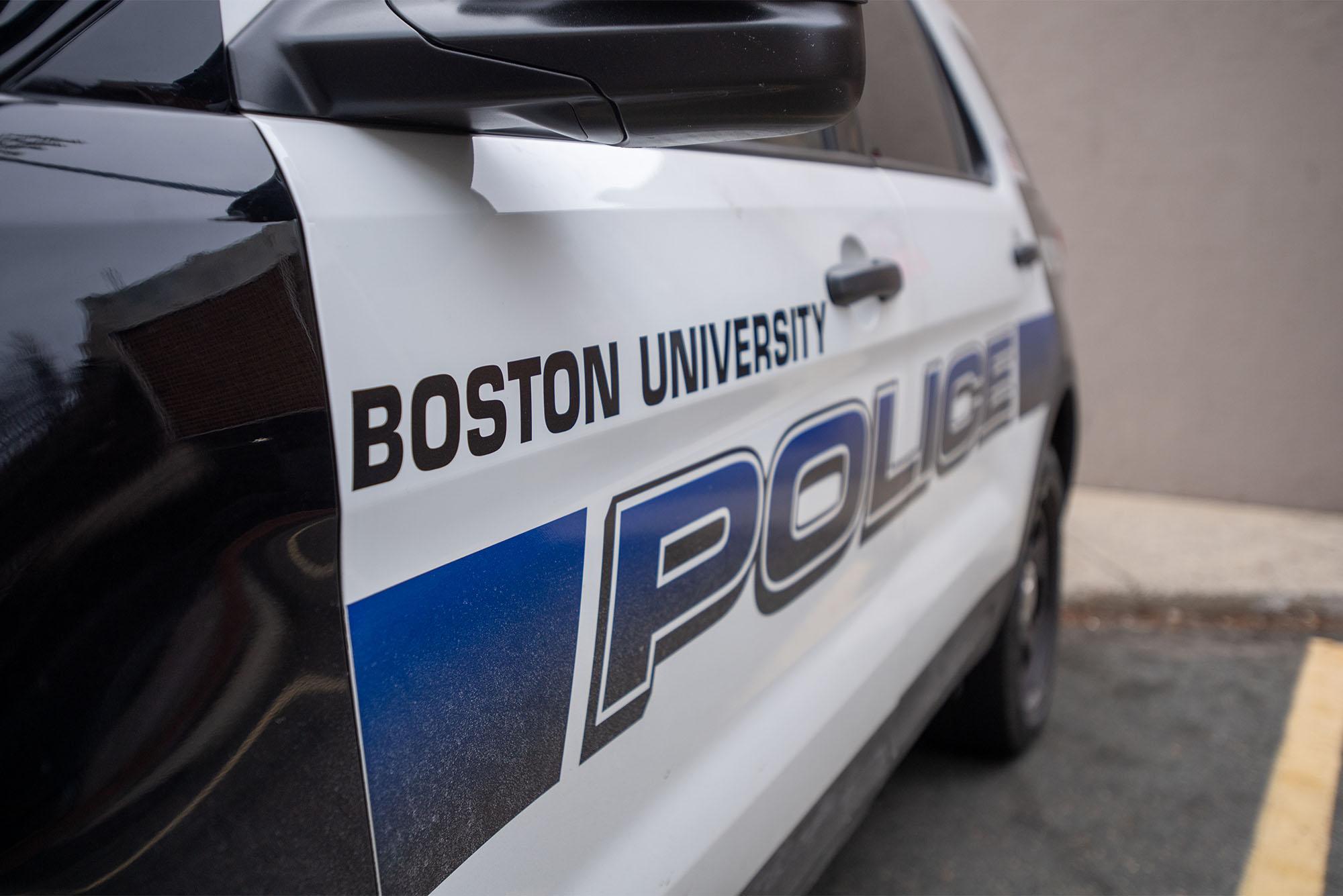 The side of a Boston University Police cruiser