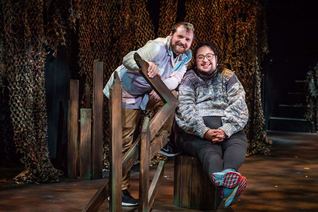 Director Shamus (left) and Playwright J.C. Pankratz pose for a photo at Boston Playwrights Theater on the set of Pankratz’s dark comedy Eat Your Young. Photo by Jackie Ricciardi