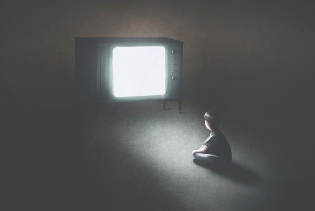 Illustration of a young child in front of an old television that has a blank, bright white screen on and lighting the dark room.