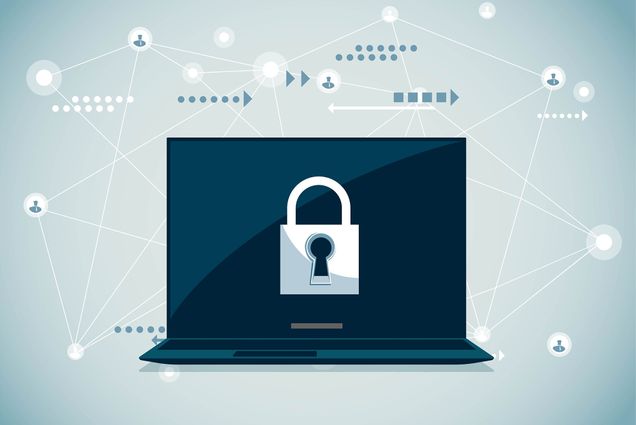 Vector illustration: A lock on a computer screen to show cyber security problems. Small white icons are connected to the computer to represent coding and ai.