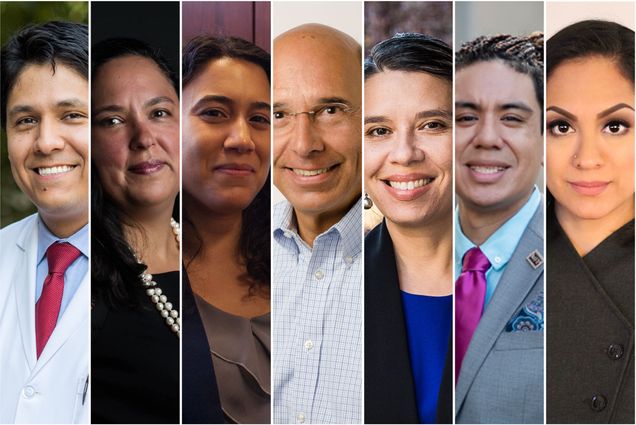 Image Collage: From left to right, headshots of Hugo Javier Aparicio, Diana M. Ceballos, Catherine Espaillat, Raul Garcia, Jasmine Gonzales Rose, Daniel Jacobson López, and Maria C. Olivares.