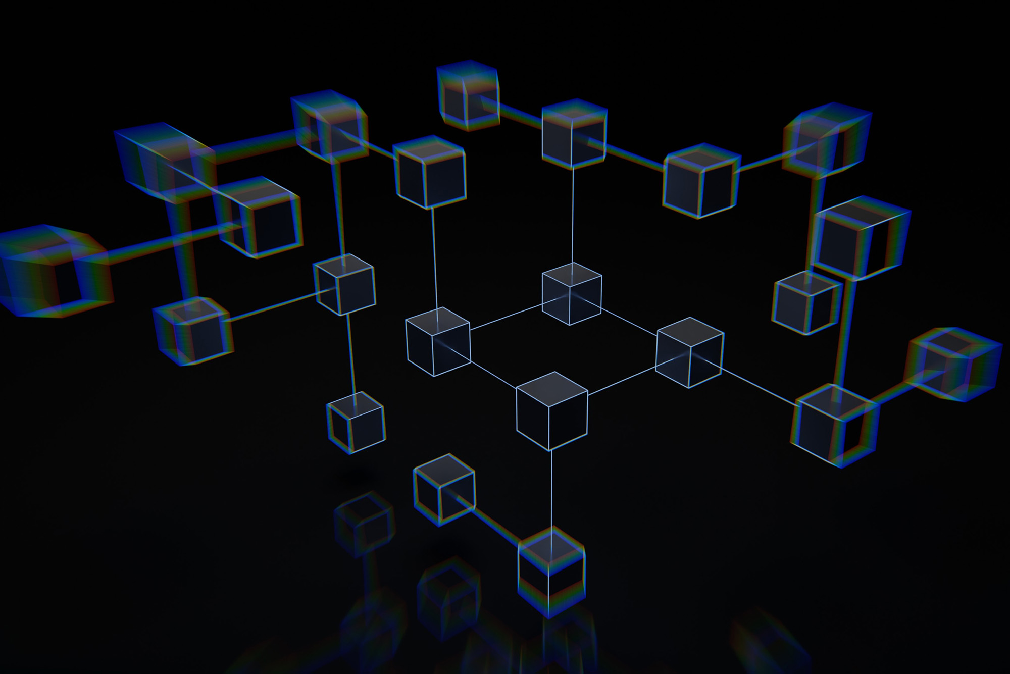 Image: 3d blockchain concept illustration. Blue, connected cubes are connected by various blue lines/chains on a black background.